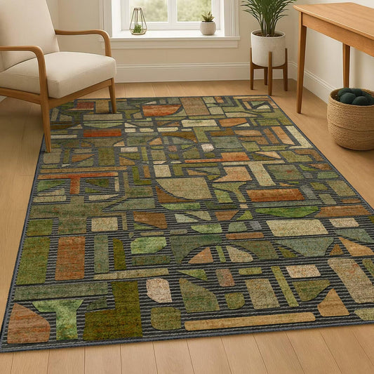 DEXDE Area Rug 3x5, Vintage Checkered Abstract Rugs for Living Room, Washable Modern Non Slip Soft Low Pile Indoor Floor Carpet for Bedroom Office Nursery Bedside Dining, Green