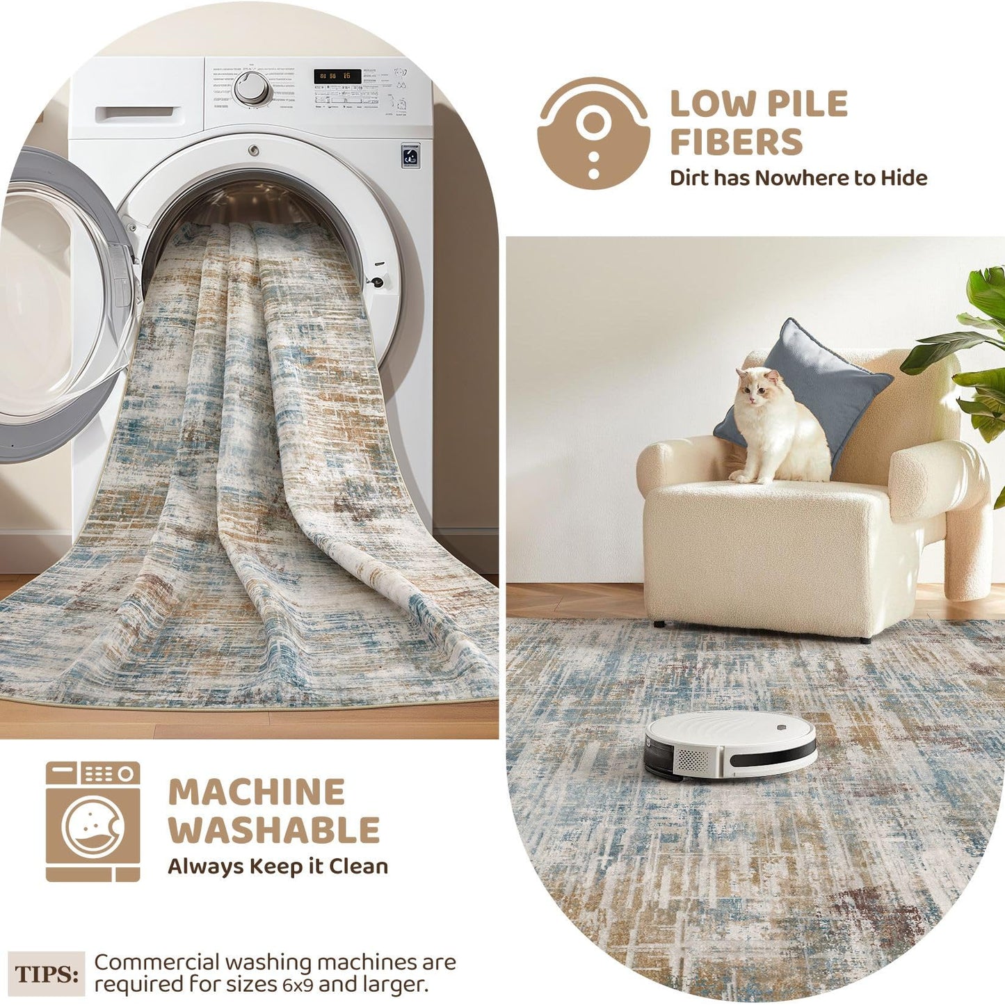 UERMEI 10x12 Area Rug for Living Room: Washable Modern Neutral Abstract Large Soft Low Pile Carpet Non-Slip Pet Kids Friendly Indoor Decor for Bedroom Dining Room Home Office Nursery Blue Brown
