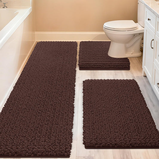 ACCUMTEK Upgrade Extra Large Brown Bathroom Rug Set 3 Pieces Ultra Soft, Thick Absorbent Bath Mats, Non Slip Chenille Toilet Mat for Bathroom, Bedroom, Kitchen, Dark Coffee
