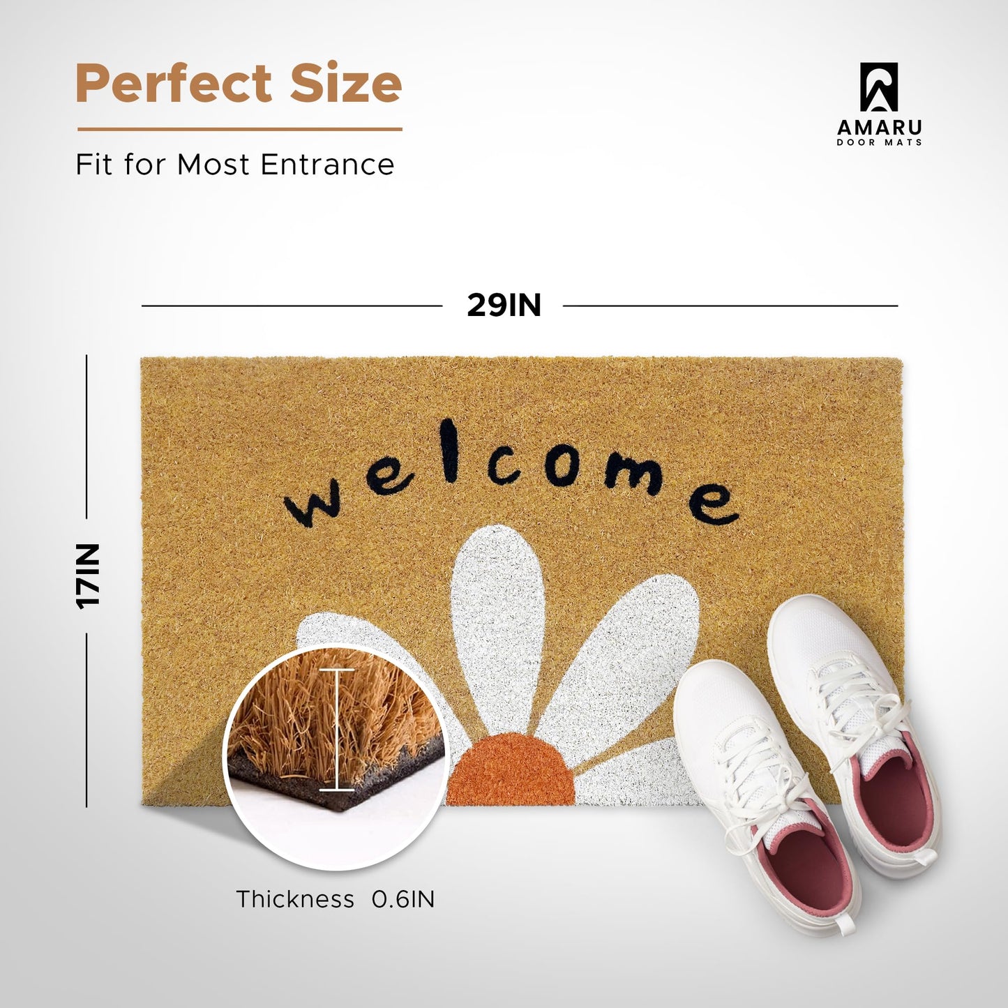 Welcome Daisy - 17"x29" - Coir Door Mat with Heavy Duty Backing - Welcome Mats for Entryway, Porch - Anti-Slip PVC & Coconut Fiber Surface - Natural Home Accessories, Minimalist Original Design