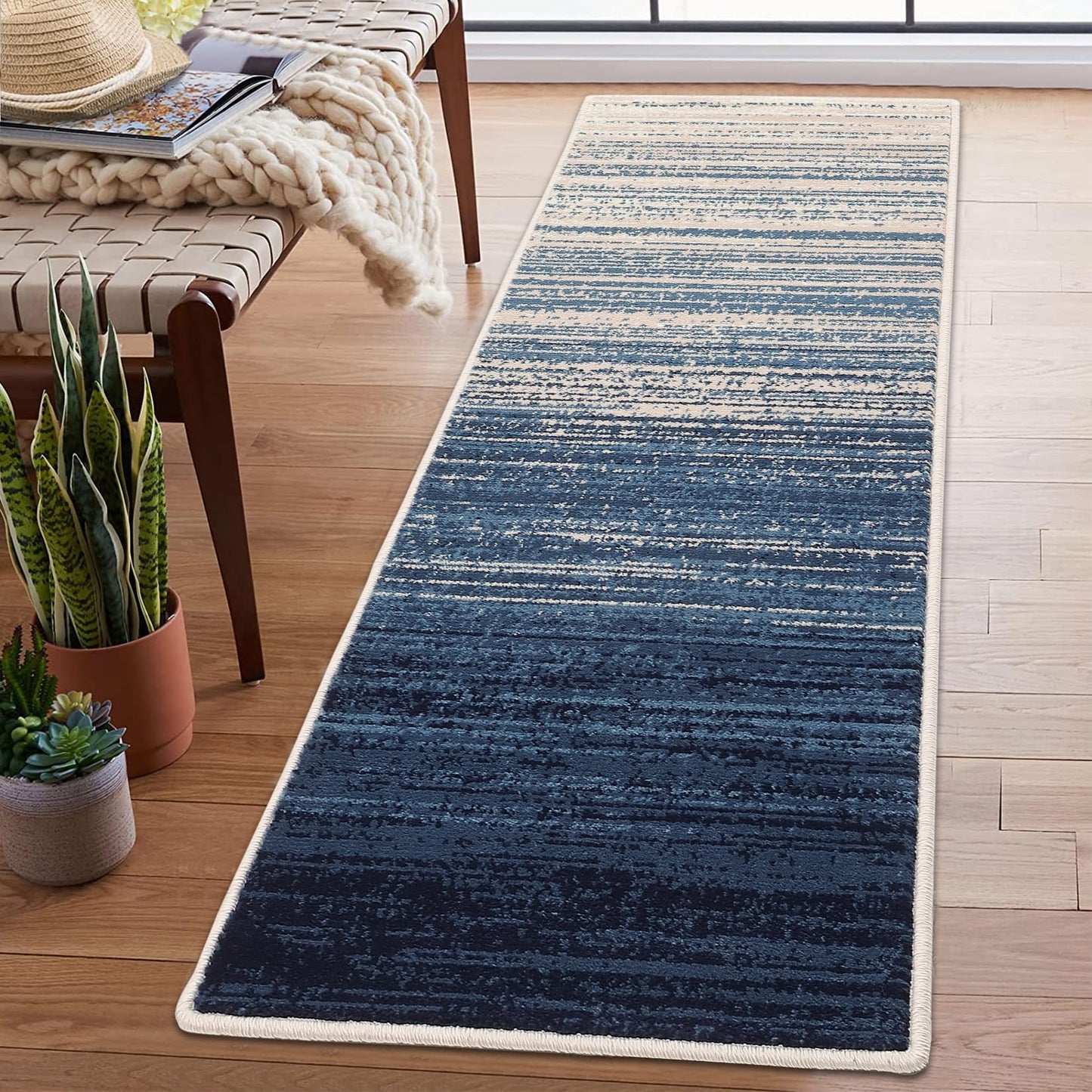 dainslef Abstract Runner Rug 2x6 Hallway Runner Rug Modern Ombre Entryway Runners Low Pile Thick Carpet Contemporary Non-Shedding Long Rugs for Bathroom Bedroom Kitchen Laundry Floor Mat Ombre Blue