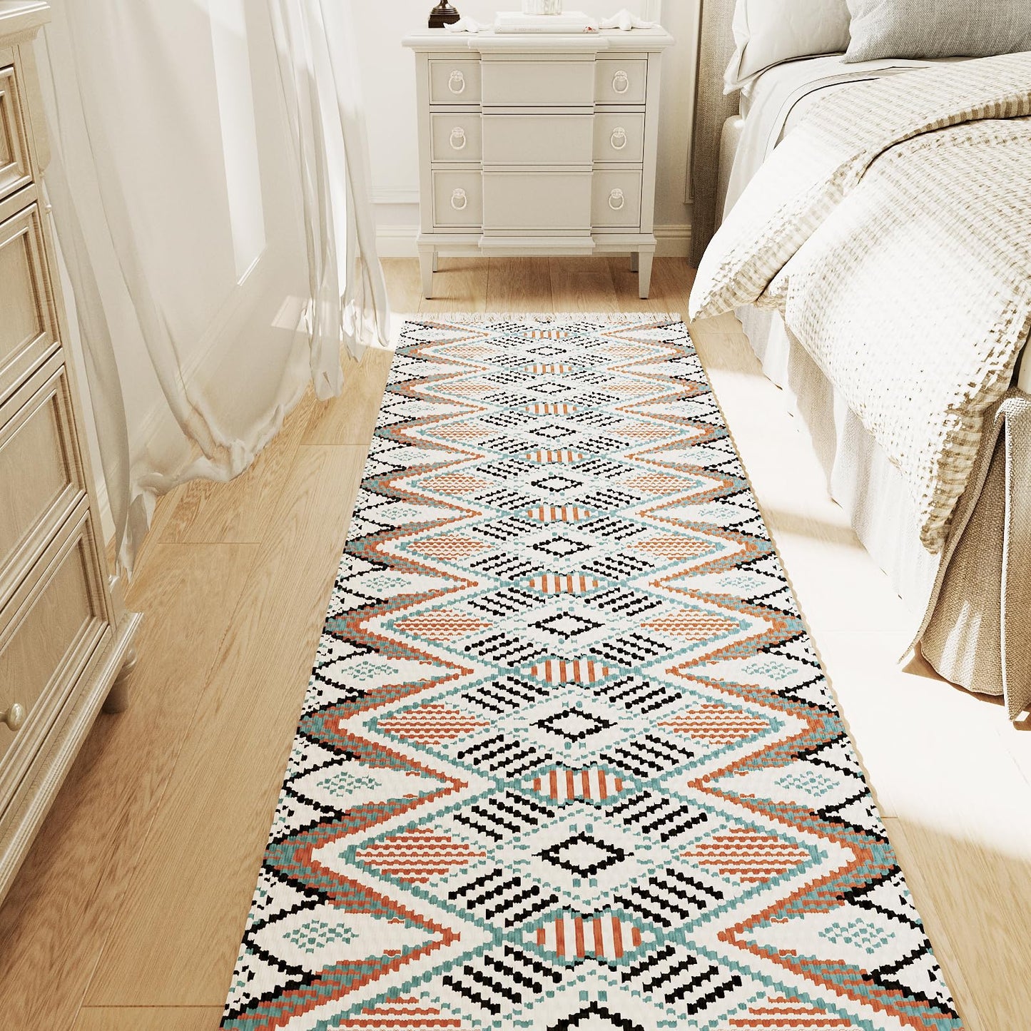 H.VERSAILTEX Handwoven 2x5 ft Boho Runner Rug with Tassels - Low Pile Easy Clean Washable Entryway Rug, Non-Slip Kitchen Runner for Hallway, Laundry Room, Corridor - Floor Mat(1 Pack,Orange/Blue)