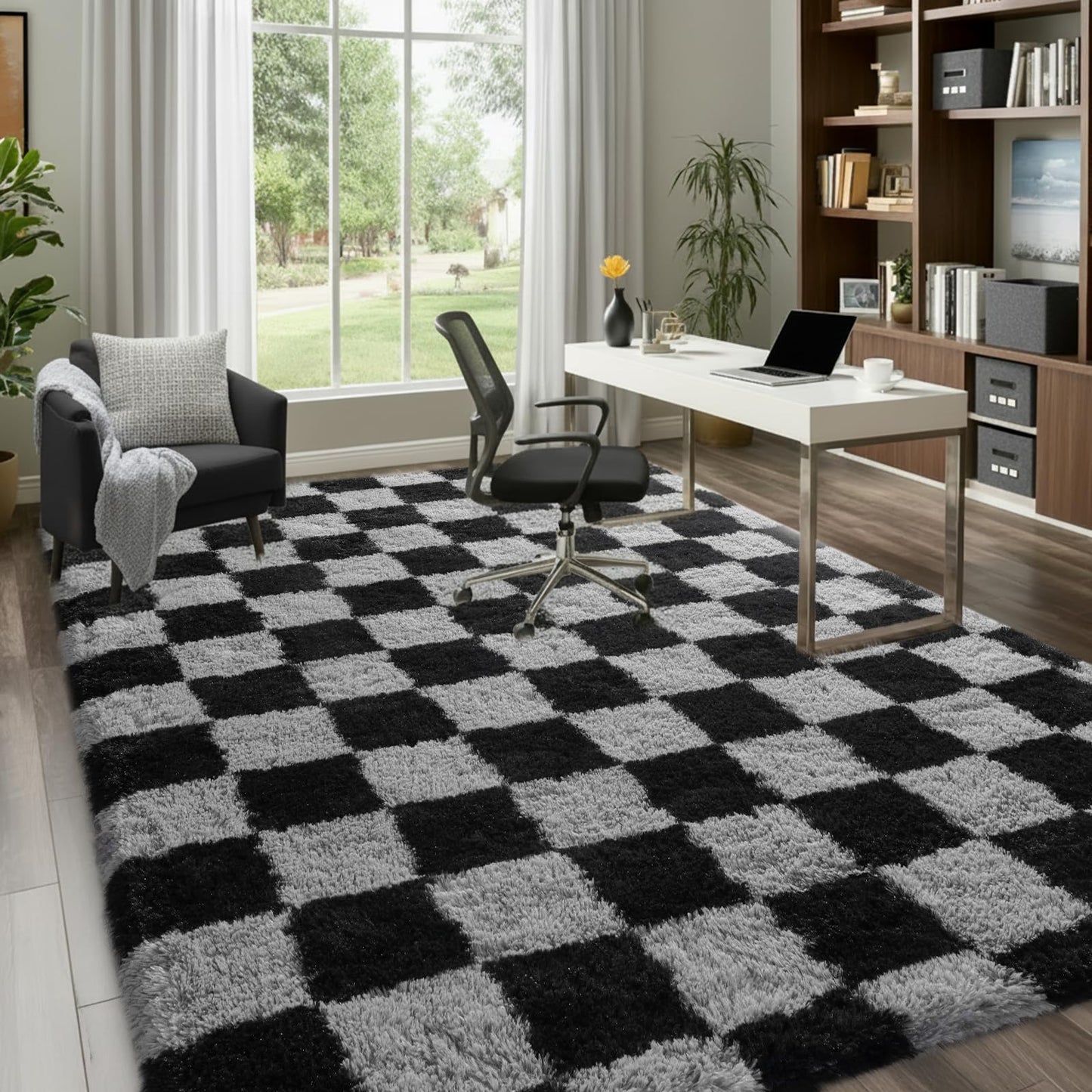Rezutan Ultra Soft Rugs for Bedroom 8x10 Feet, Checkered Black Grey Fluffy Shag Area Rugs for Living Room, Large Comfy Furry Rug for Girls Kids Baby Room Decor Teenage Pastel Princess Rug, Non Slip
