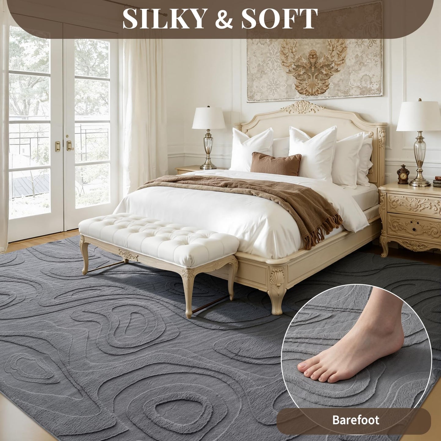 UKISS Washable Rugs 8'x10' Area Rugs for Living Room ，Ultra Soft Faux Rabbit Fur Embossed Rug for Bedroom, Non Slip&Non-Shedding Low Pile Large Carpets for Home Decor Gray