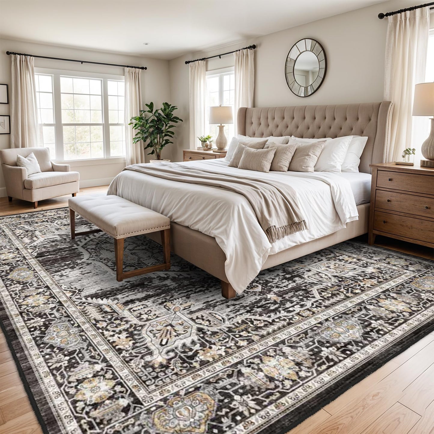 Washable Rugs 10x14 Area Rug: Large Rugs for Living Room - Oriential Distressed Printed Floral Carpet - Non Slip with Rubber Backing Area Rug 10'x14' Black