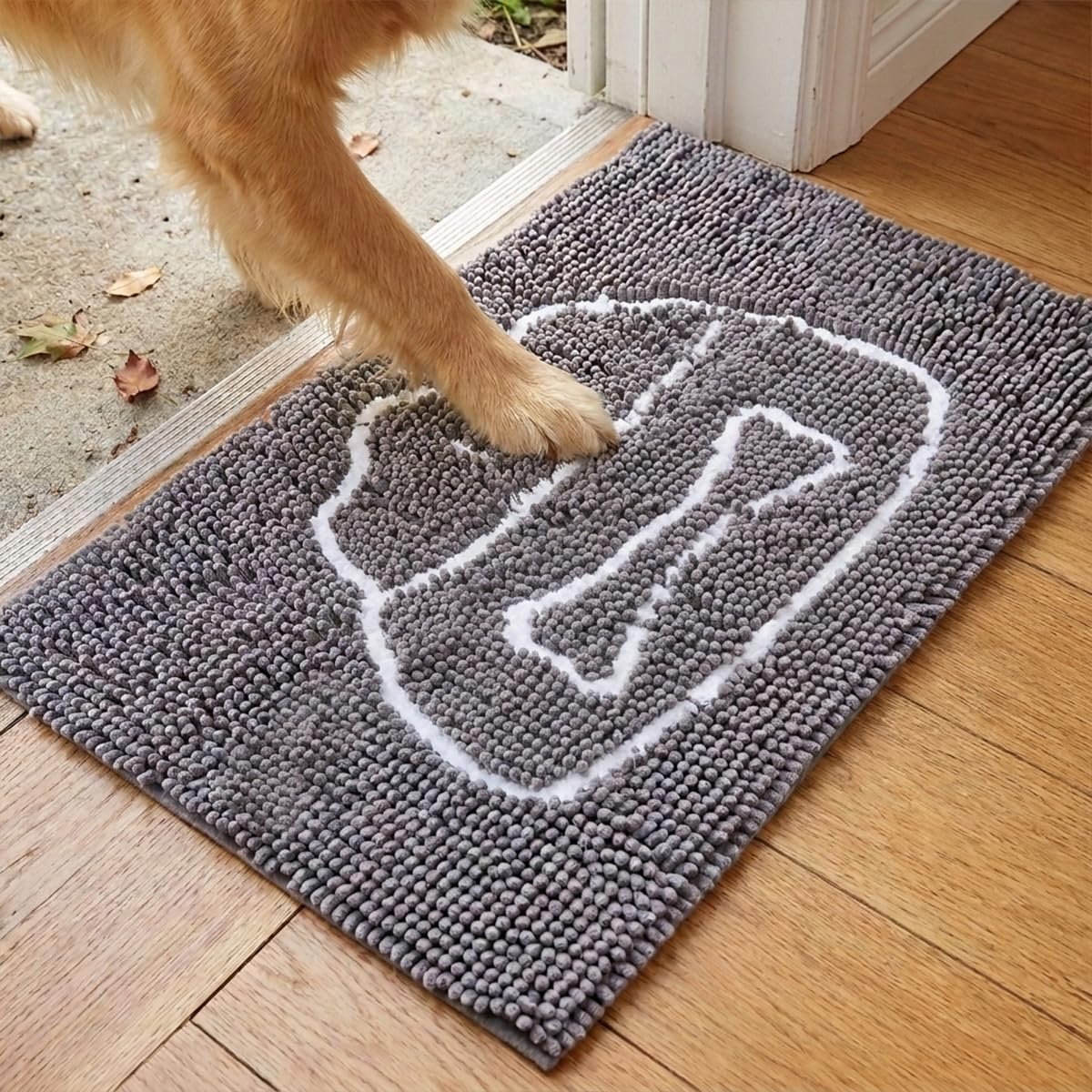 Muddy Mat® Pet Bowl Dog Door Embroidery Mat Super Absorbent Microfiber Indoor Outdoor mat for Muddy Paws, Non-Slip Washable Pet Rug, Quick Dry Chenille Entryway Carpet, Machine Washable – Grey 19”x30”