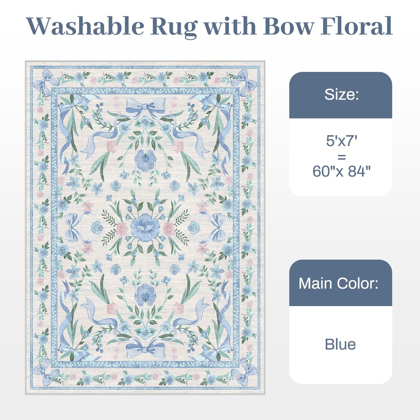 Blue Floral Rug 5x7 for Girls Bedroom or Nursery, Cute Bow Washable Area Rug, Ultra-Thin Non Slip Carpet for Kids Room, Dorm or Playroo