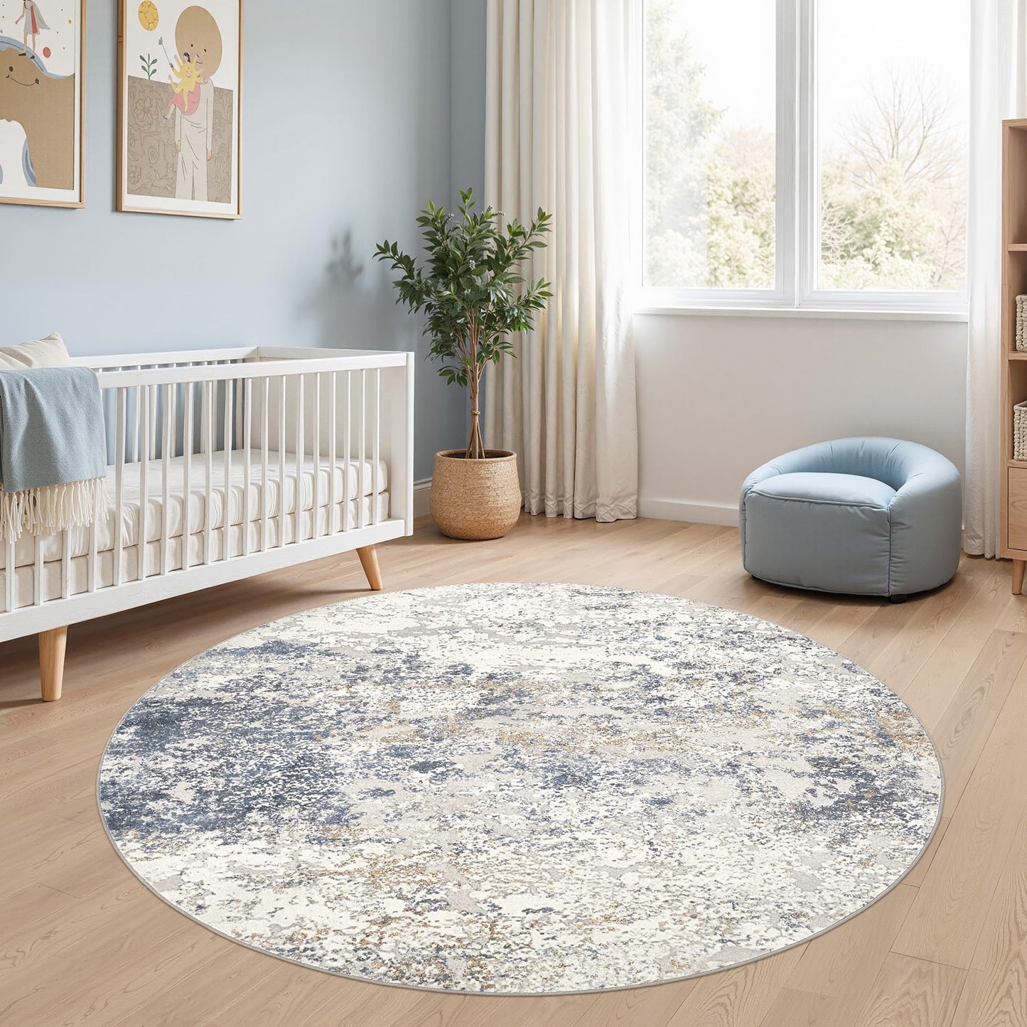 DMOYEST 5ft Round Area Rug Living Room Rugs - 5x5 Washable Large Soft Indoor Neutral Modern Abstract Low Pile Rug Carpet for Bedroom Dining Room Farmhouse Home Office - Beige Blue