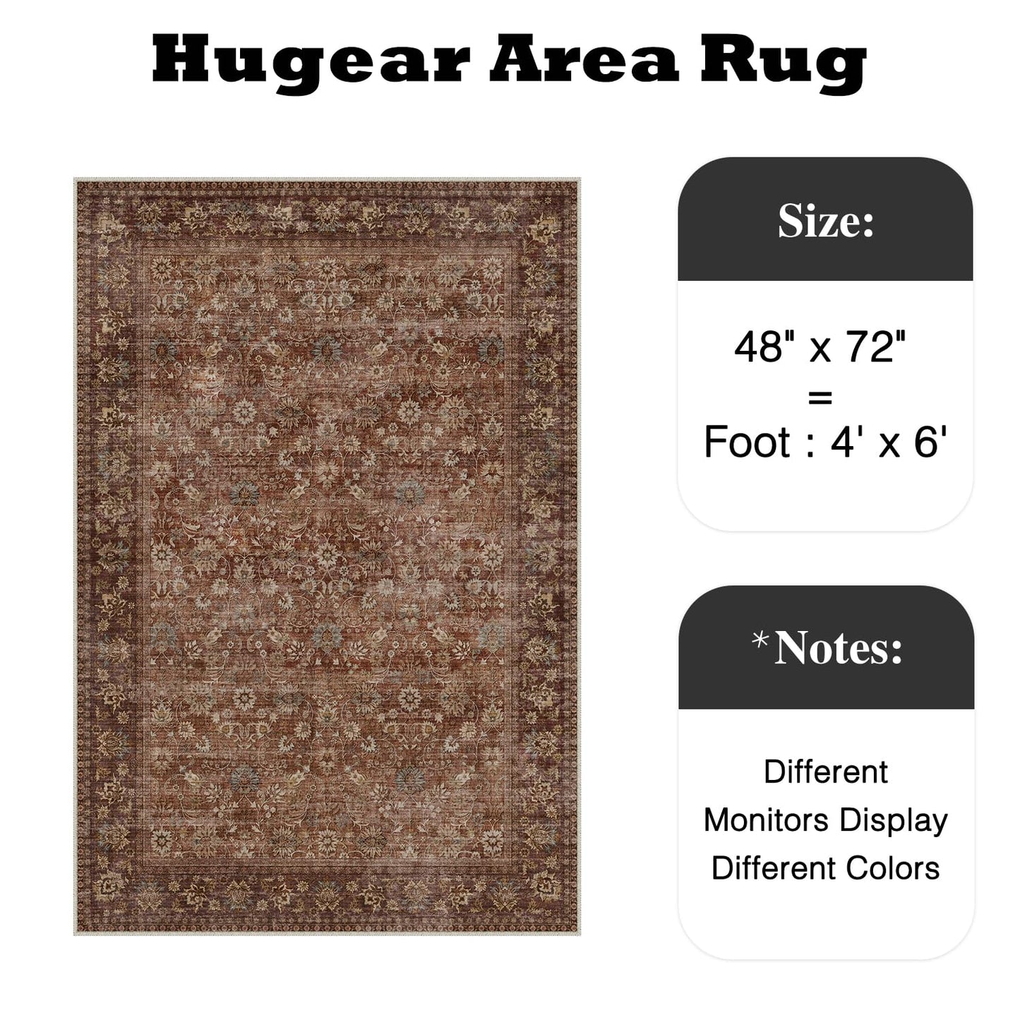HUGEAR 4x6 Machine Washable Rugs Brick Red Hallway Area Rug Indoor Accent Rug Floral Low Pile Carpet Soft Throw Rug Bedroom Living Room Office Dining Room Kitchen Laundry Room Non Slip