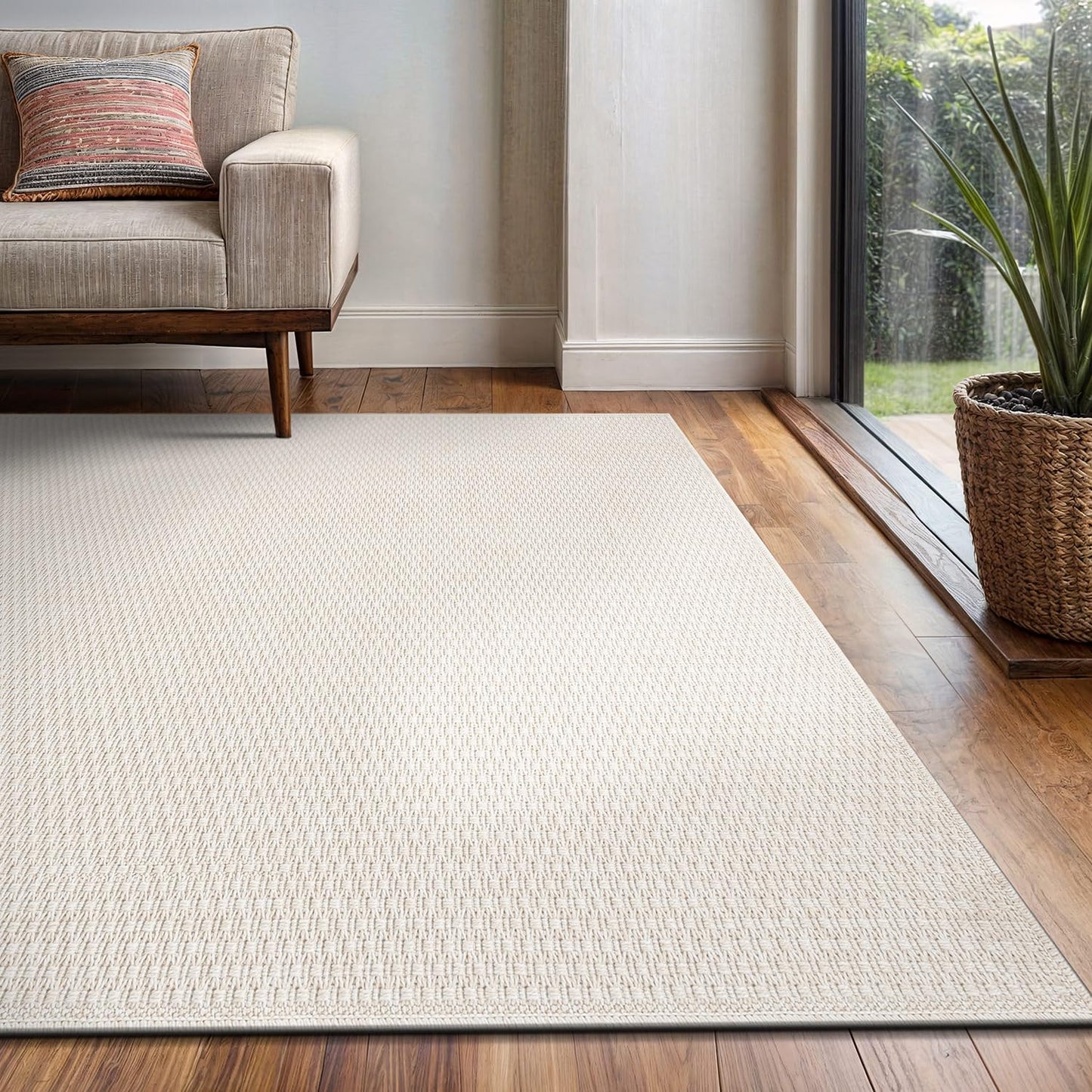 Easy Jute Rug 5x7 Indoor Outdoor Rug Natural Rugs Solid Fiber Rug Woven Area Rug Boho Easy Clean Inside Carpet for Living Room Bedroom Dining Room Hallway or Outdoor Patio Porch (5 X 7 Bone)