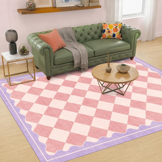OHWPEAT Pink Purple Checkered Washable 5x7 Area Rug for Living Room, Non Slip Low Pile Cute Rug for Nursery, Soft Indoor Carpet for Bedroom, Kids Nursery, Classroom, Playroom, Kitchen, Dining, Dorm
