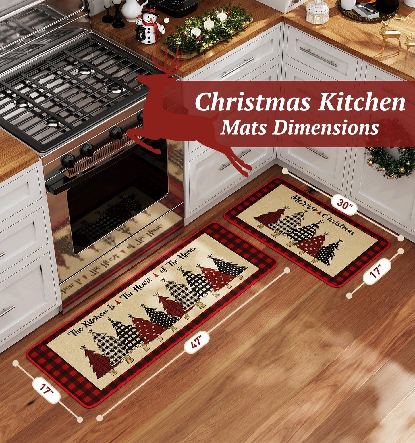 CHAMBERY Kitchen Rugs Set of 2, 17" x 29" & 17"x 47" Xmas Tree Non-Slip Backing Buffalo Plaid Merry Christmas Kitchen Mats for Floor,Low-Profile Winter Holiday Decorations Christmas Doormat
