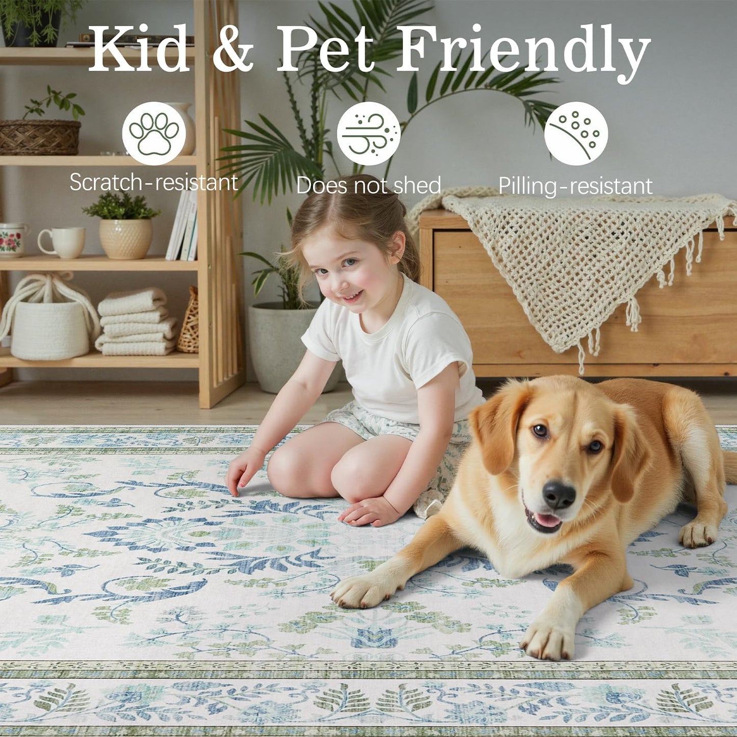 DCX Green 5x7 Rug, Kid & Pet Friendly with Rubber Back Non Slip, Machine Washable Stain Resistant Botanical Floral Rug for Living Room, Bedroom, Home Office, Soft Low Pile Large Nursery Carpet