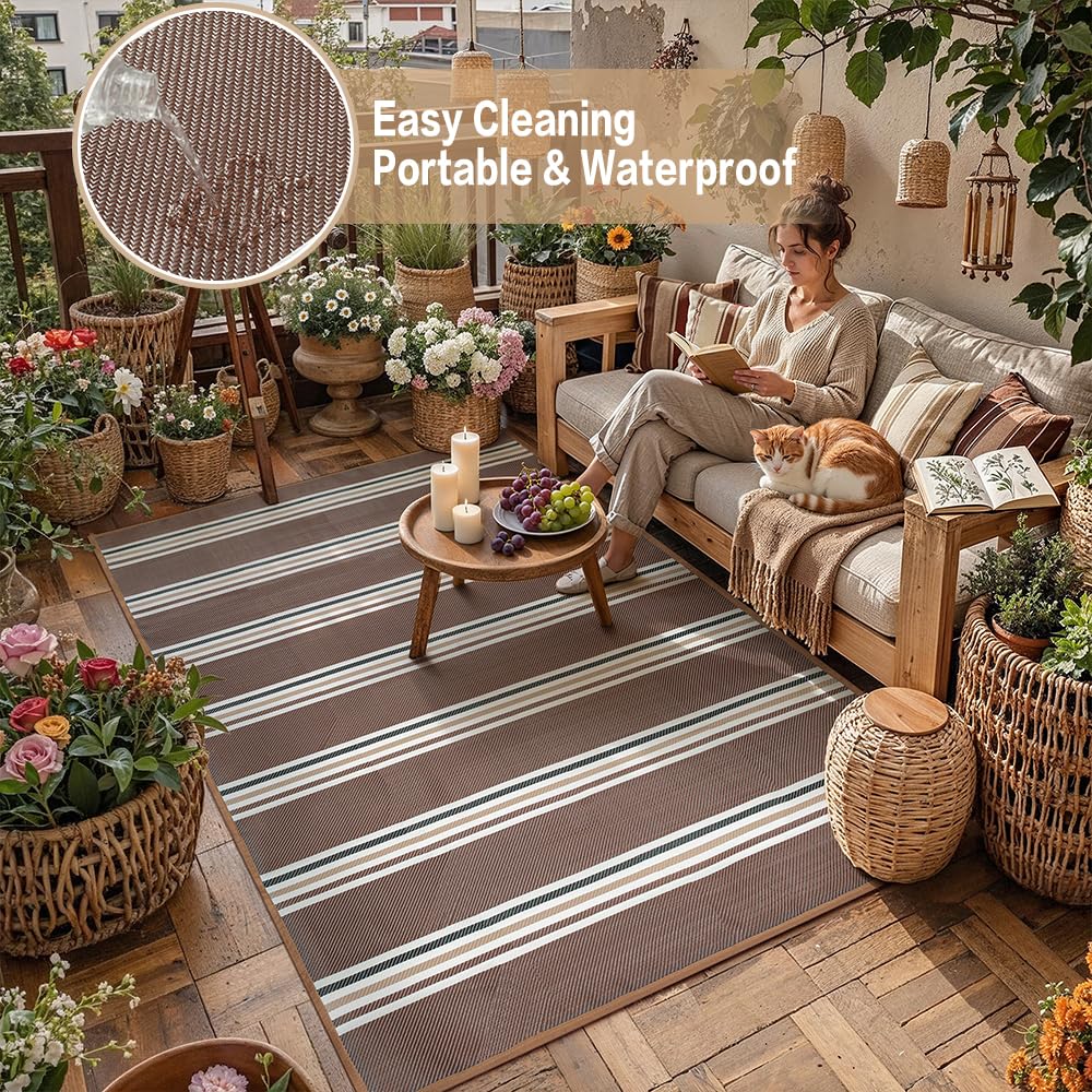 PureCozy Outdoor Waterproof 5x8 Rug for Patio Reversible Plastic Straw Brown Striped Camping Mat Outside Lightweight Large Floor Mat for RV Deck Beach Balcony Picnic Backyard Entry Porch
