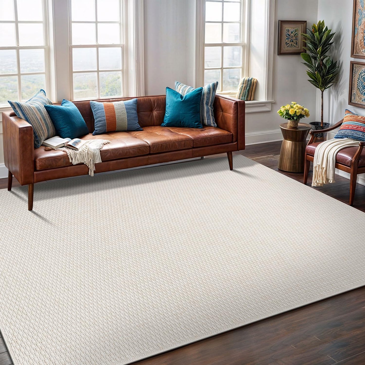 Easy Jute Rug 5x7 Indoor Outdoor Rug Natural Rugs Solid Fiber Rug Woven Area Rug Boho Easy Clean Inside Carpet for Living Room Bedroom Dining Room Hallway or Outdoor Patio Porch (5 X 7 Bone)
