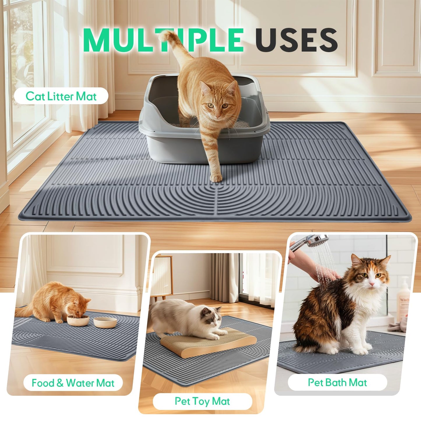 Pawtasy Cat Litter Box Mat,40" x 28" Extra Large Silicone Waterproof Litter Trapping Mat for Scatter Control Soft on Kitty Paws Non-Slip Easy to Clean