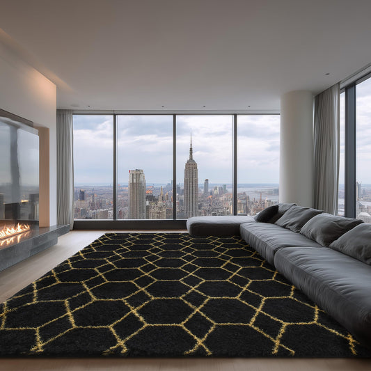 ARKIIKI Large Rugs for Living Room, 8x10 Black Fluffy Bedroom Area Rug, Shag Geometric Soft Fuzzy Carpets Big Kids Room Rug, Non-Slip Plush Modern Rug for Office Home Decor Aesthetic, Black/Gold