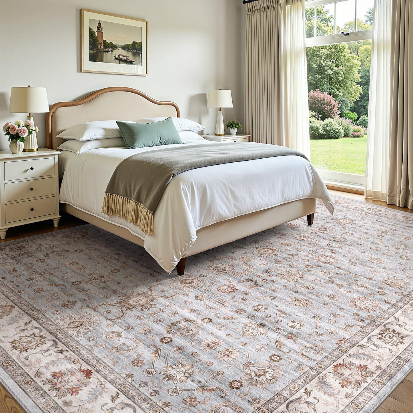 WITSHOCK 5x7 Vintage Floral Area Rug, Washable Non Slip Low Pile Carpet for Living Dining Bedroom Nursery, Stain Resistant, Vacuum Friendly Foldable, Pet & Kid Safe (Blue Gray)
