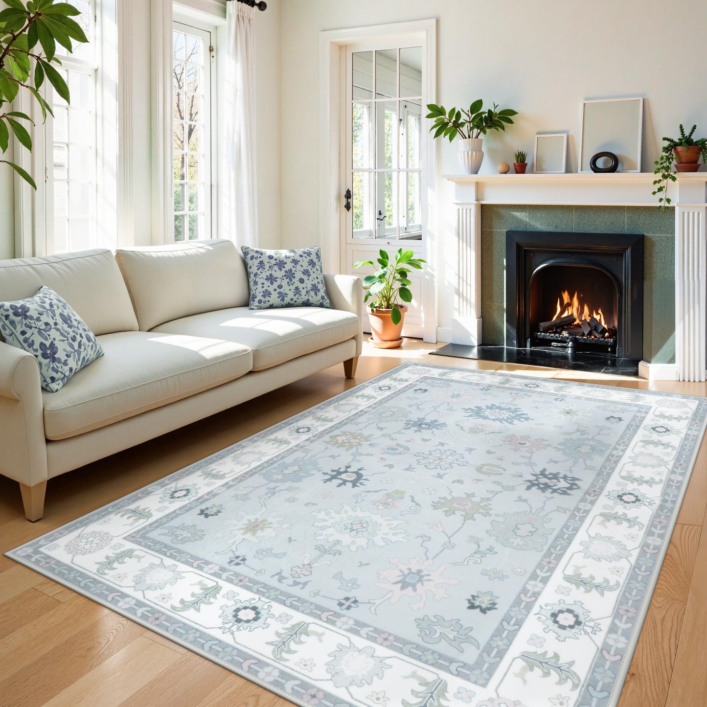 LIVEBOX Washable Grey 5x7 Rug, Soft Oushak Area Rugs for Living Room, Non Slip Boho Dining Room Rug Under Table, Turkish Floral Ultra Thin Floor Carpet for Bedroom Home Office, Grey