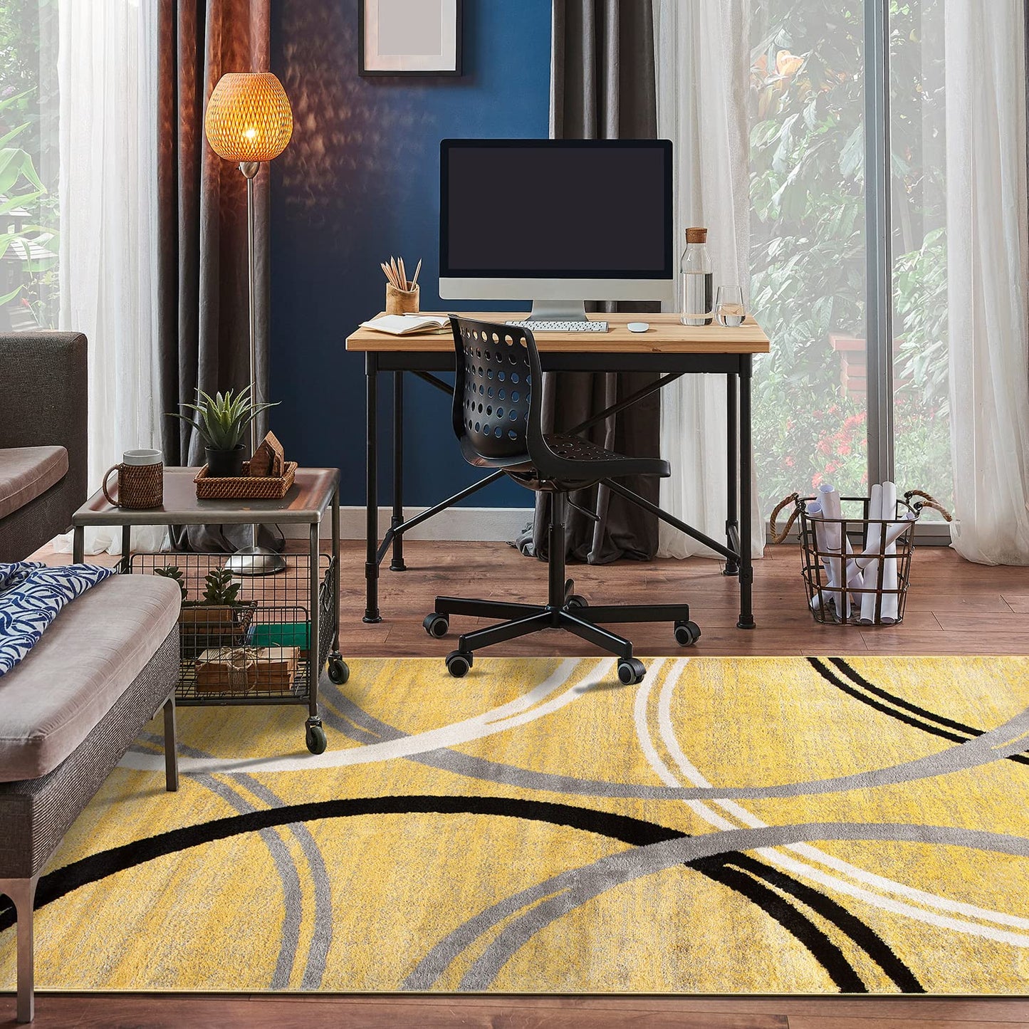 Rugshop Wavy Circles Design Area Rug, Carpet with Jute Backing for Living Room, Bedroom, or Dining Room, Yellow, 5'3" x 7'3"