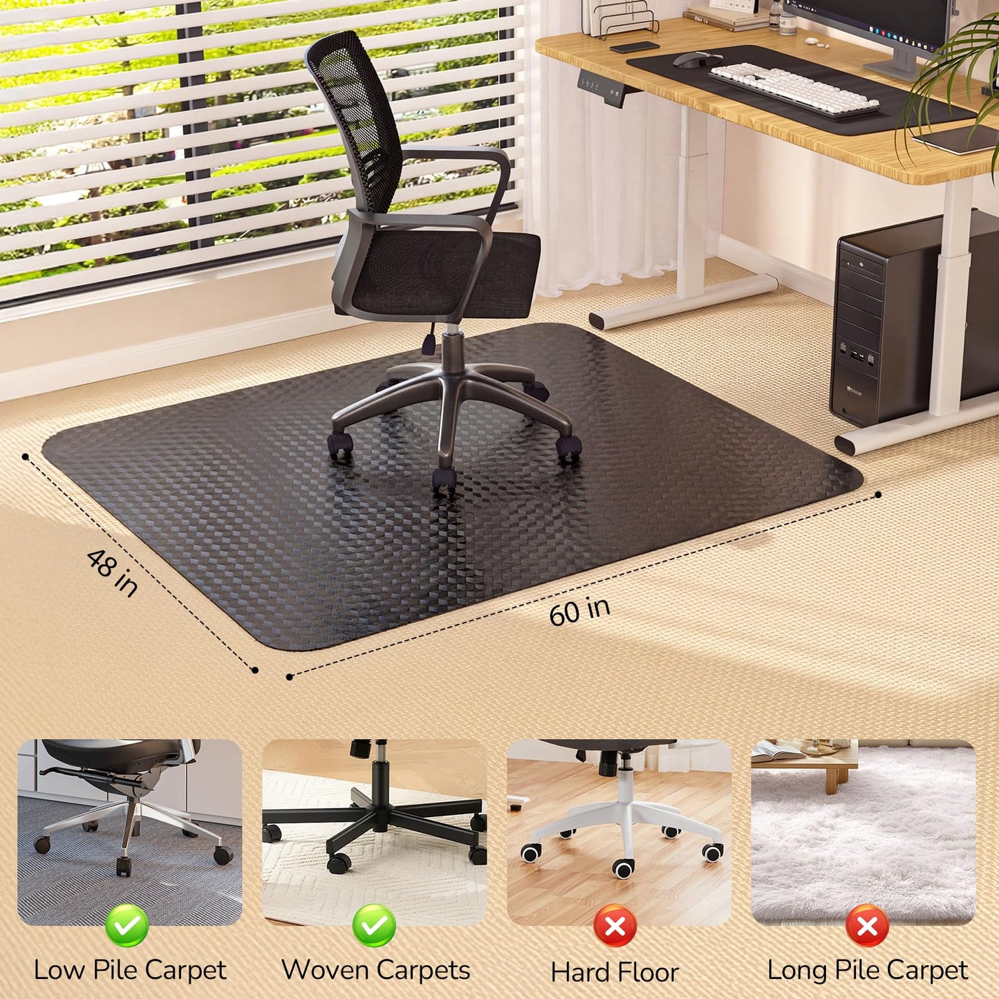Office Chair Mat for Low Pile Carpet with Lip, 48" x 60" Clear Plastic Heavy Duty Floor Protector, Smooth Glide Desk Chair Mat for Rolling Chairs, Computer Chair Mat for Home Office, Gaming-Black