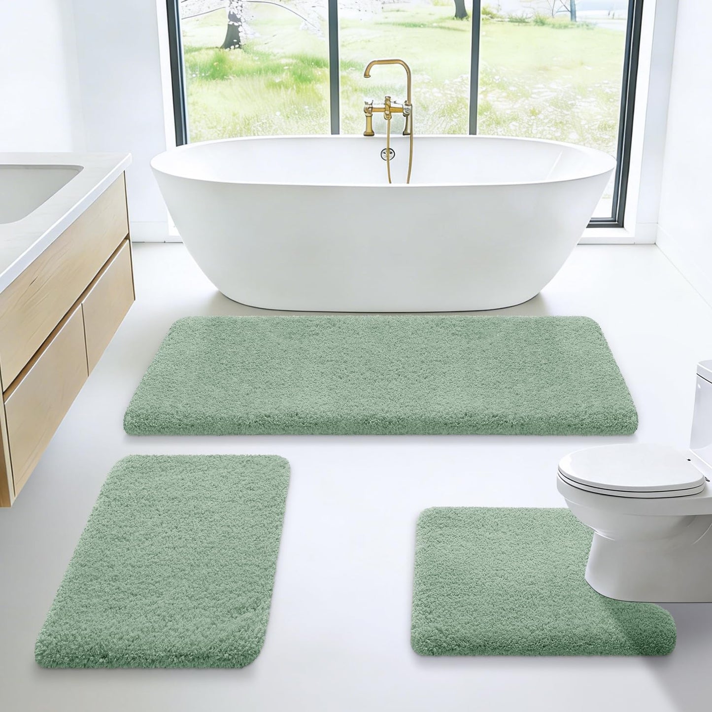 Microfiber Thick Bathroom Rugs Set 3 Piece, Flurry Non Slip Bath Rug, Soft Plush Absorbent Bathroom Mat, Machine Washable Luxury Toilet Rug Set, Bath Mat for Tab, Shower and Bathroom, Sage Green