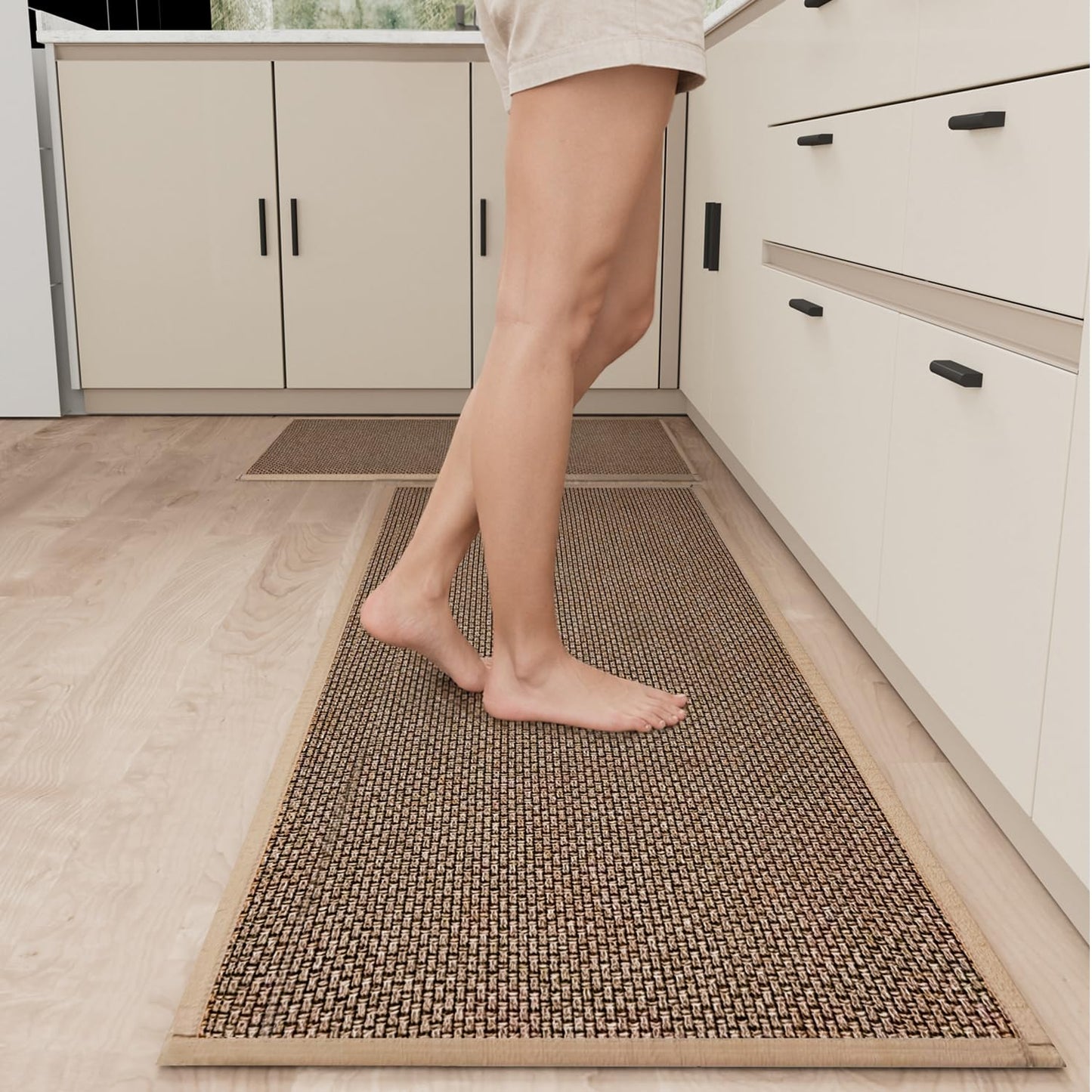 SUMLANS Kitchen Mat Set of 2 PCS, Cushioned Non Slip Rugs for Kitchen Floor, Absorbent Runner Comfort Standing Mats Washable for Kitchen, Office, Home (Brown, 17.3"x47"+17.3"x30")