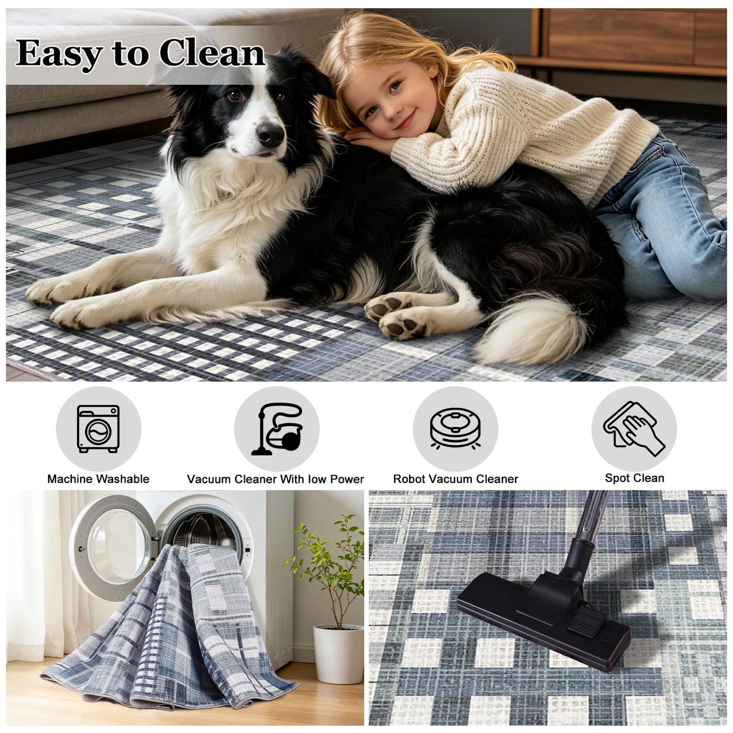 Rezutan Modern Geometric Plaid Distress Indoor Area Rug for Living Room, Blue Gray 5X 7 FT Large Rug Hardwood Floors Decor for Bedroom, Checkered Throw Carpet for Office Entryway Dining Room