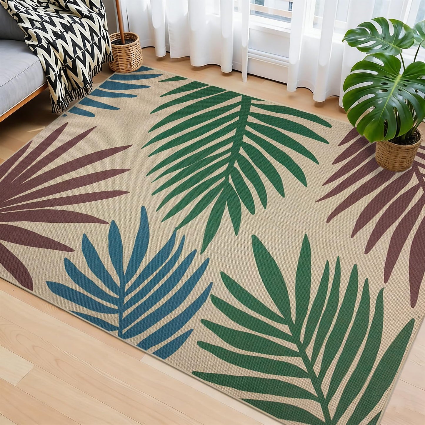 USTIDE Palm Leaf Design for Patio Rug 4'X6' Tropical Indoor Outdoor Rug for Living Room Dining Room Entryway Carpet Farmhouse Washable Non Slip Floor Mat for Covered Courtyard Porch Balcony