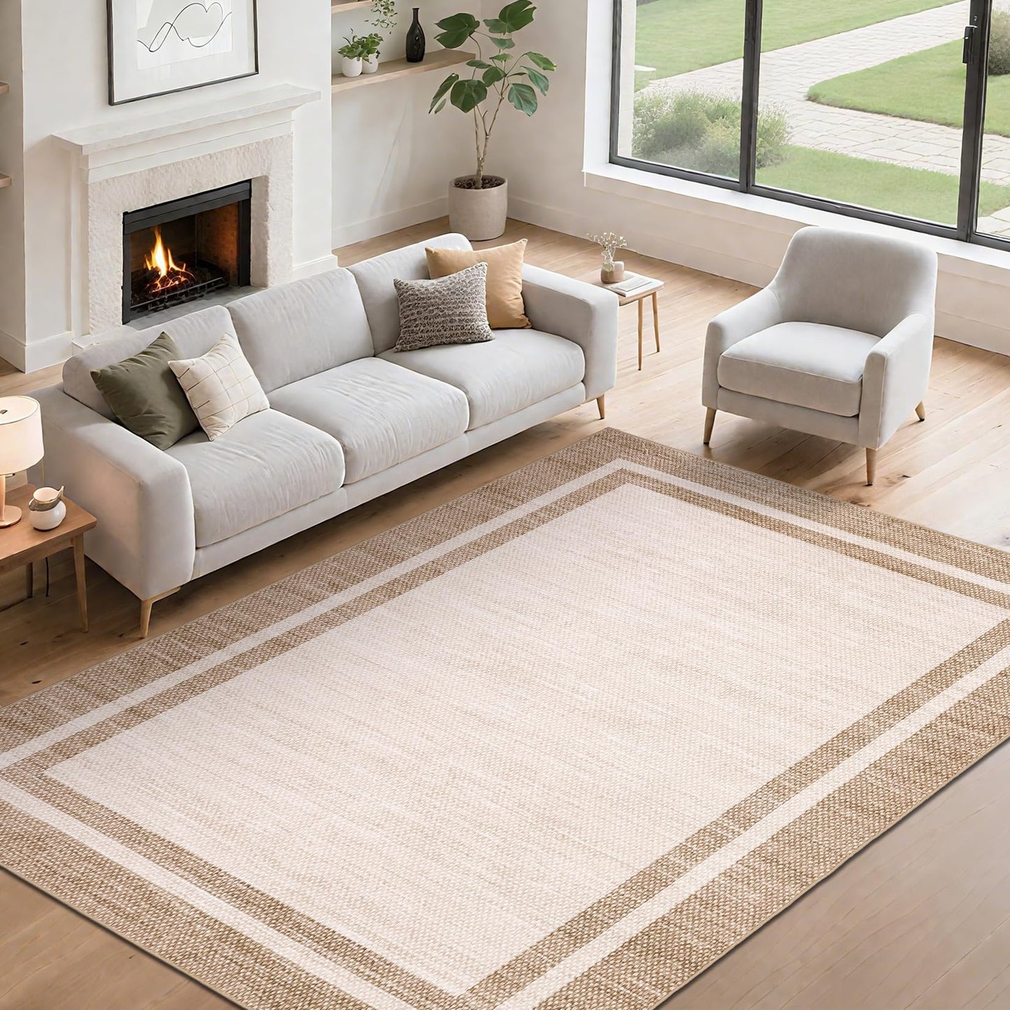 GarveeHome Living Room Area Rug 8x10 Washable Rugs Modern Solid Border Throw Carpet with Rubber Backing Low Pile Stain Resistant Dining Room Rug Contemporary Bordered Carpet for Home Office,Beige