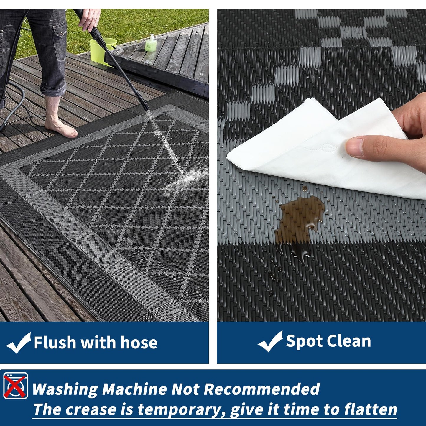 LUXLOOM 8x10 Outdoor Rug Waterproof Portable Plastic Straw Reversible Rugs with Carry Bag & Stakes, UV-Resistant Lightweight Outdoor Carpet Foldable Camping Mat for Patio RV Backyard Picnic Black Grey