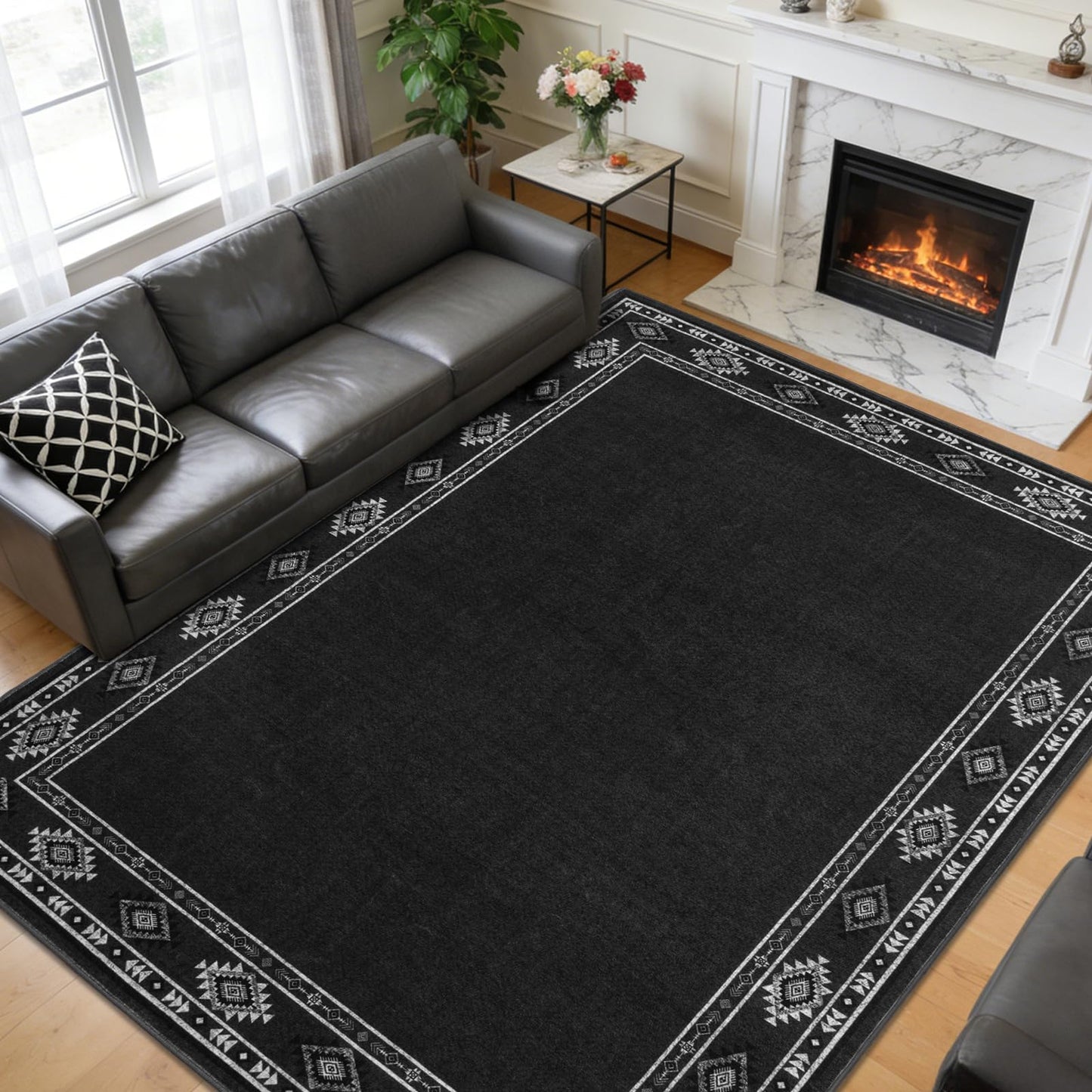 QDUIDU Large Area Rug for Bedroom Living Room, 4x6 Feet Ultra Soft Dark Grey Rugs Washable Modern Geometric Bordered Non Slip Low Pile Carpets Home Decor