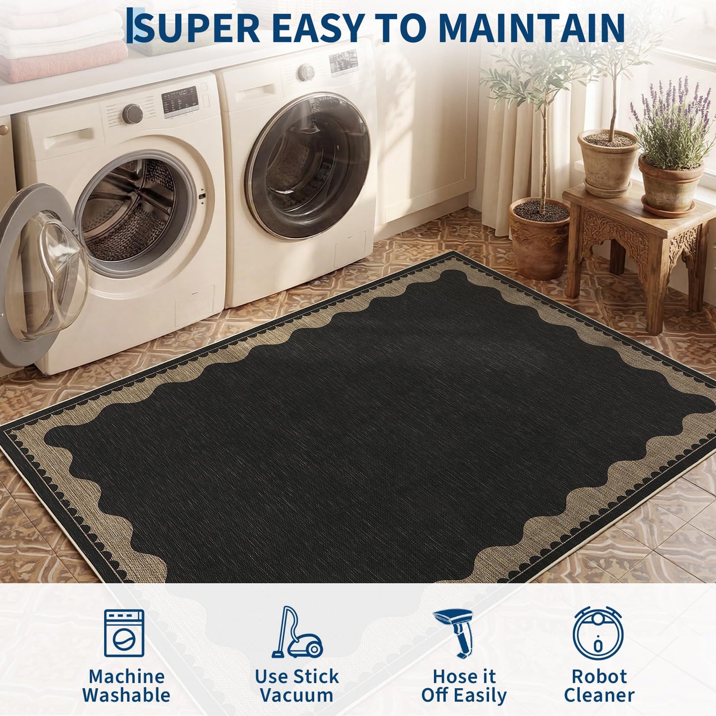 Garvee 8x10 Scalloped Easy Jute Area Rugs for Living Room, Modern Border Washable Outdoor Patio Rug with Non Slip Backing, Non Shedding Stain Resistant Mats for Bedroom, Dining Room, Porch, Black