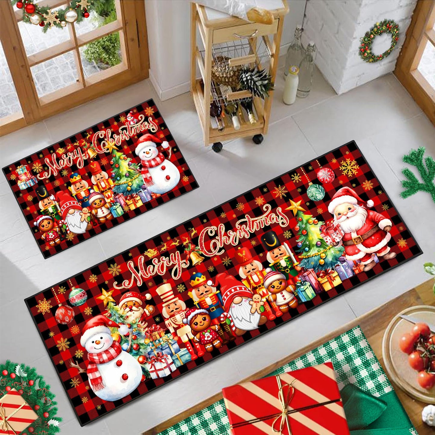 ACZHHZC Merry Christmas Nutcracker Kitchen Rugs and Mats Set of 2, Buffalo Plaid Winter Xmas Holiday Home Kitchen Decor Floor Mats, Washable Non-Slip Sink Carpet (17"x47"+17"x30")
