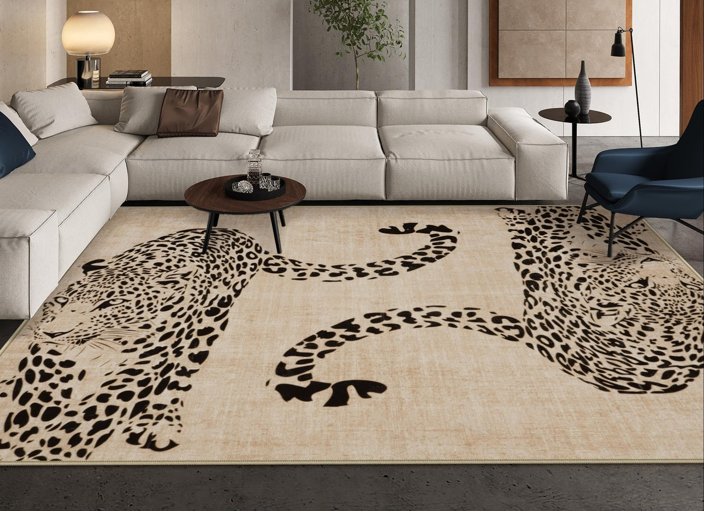 OJIA Leopard Print Rugs for Living Room Beige 8x10 Rug Washable Area Rugs for Bedroom, Modern Non-Slip Ultra-Thin Soft Large Carpet Non-Shedding Nursery Rug for Kids Playroom Dining Room Home Decor