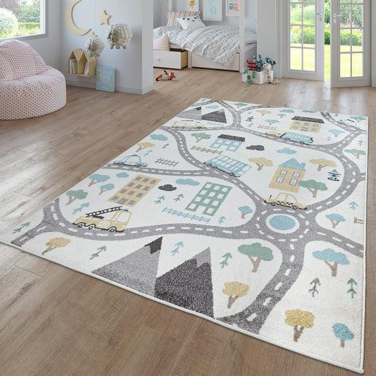 Paco Home Kids Rug for Nursery with Town Streets and Cars Motif in Pastel Cream, Size: 2'8" x 4'11"