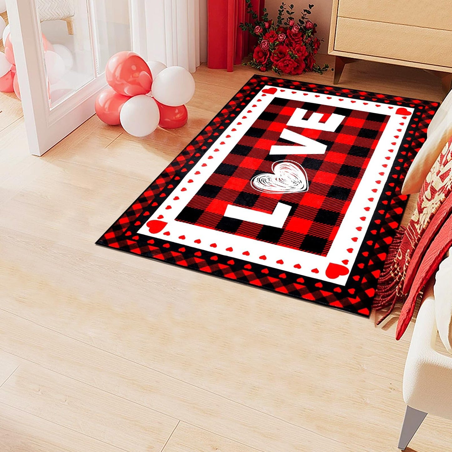 Svepndic Valentine's Day Mat 32"x48" Non Slip Holiday Floor Mat,Welcome Doormat Red Front Door Rug,Washable Entrance Door Mats Low Profile Buffalo Plaid Rug Love Heart Decorative Doormat