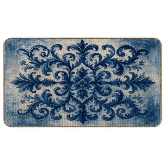 M-Qizi Chinoiserie Floral Door Mat, Blue and White Art Deco Doormat Indoor Outdoor Entrance Porch, Vintage Mid Century Modern Welcome Mats for Front Door Entryway, 17x30 Inches