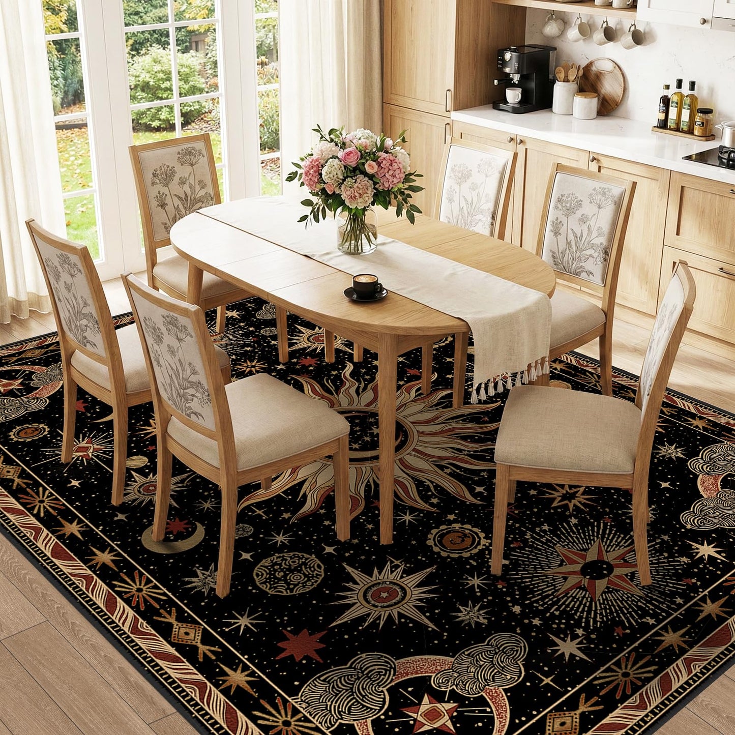 meejou 8x10 Area Rugs, Washable Vacuum-Friendly Non-Slip Rug Vintage Boho Gothic Sun and Moon Printed Pattern Low Pile Carpet for Living Room Bedroom Dining Room Hallway Entryway,Black Gold Beige Red