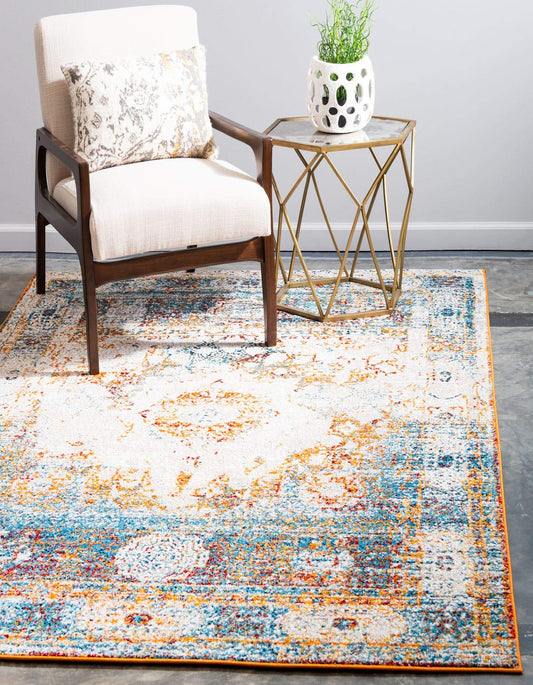 Unique Loom Rosso Collection Traditional, Vintage, Medallion, Border, Distressed, Southwestern Area Rug (5' 0 x 8' 0 Rectangular, Ivory/Blue)