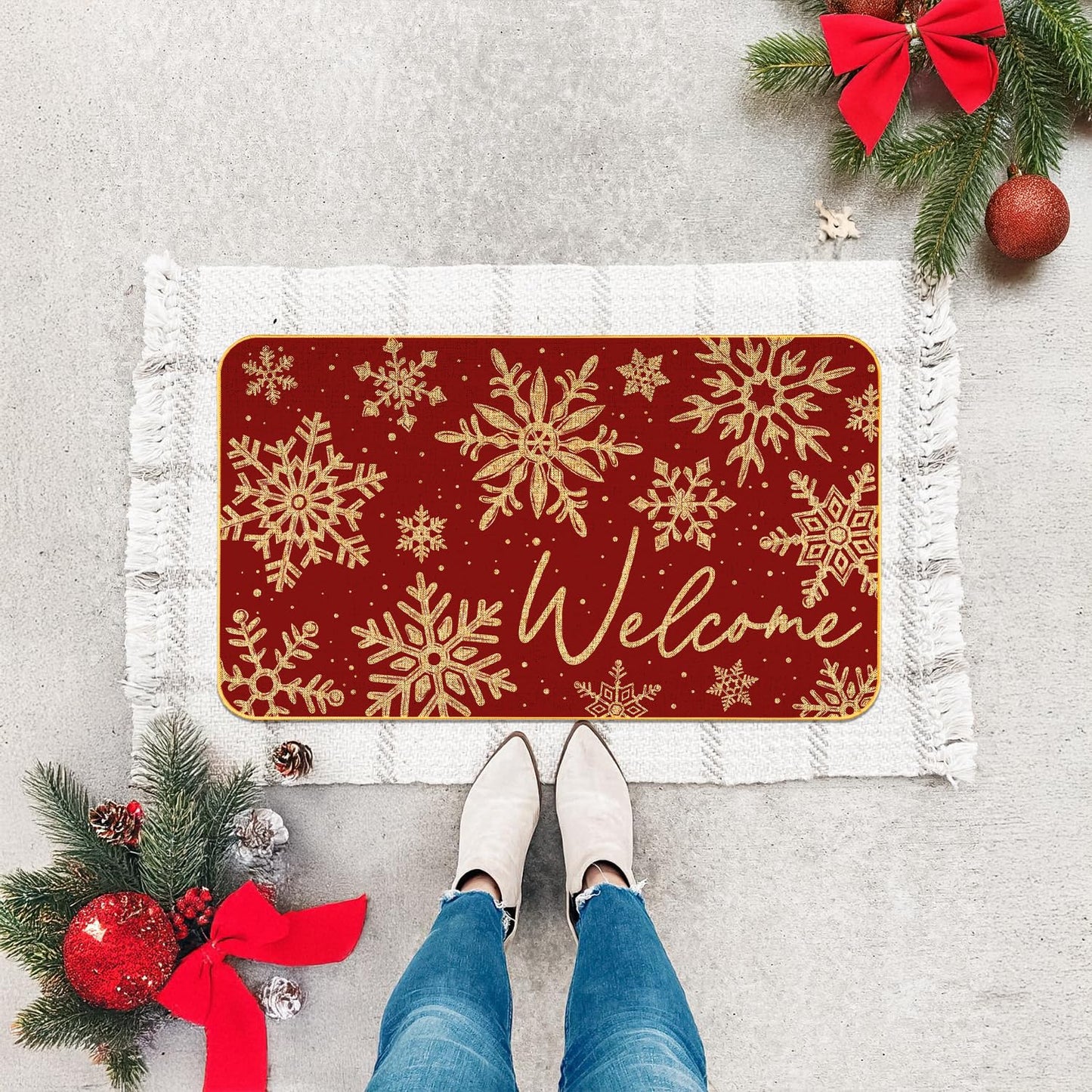 JYKCUL Snowflake Christmas Doormat,Snowflakes Winte Xmas Decorative Doot Mat Non-Slip Low-Profile Indoor Outdoor Welcome Mat Washable Winter Holiday Doormat 17" x 29"