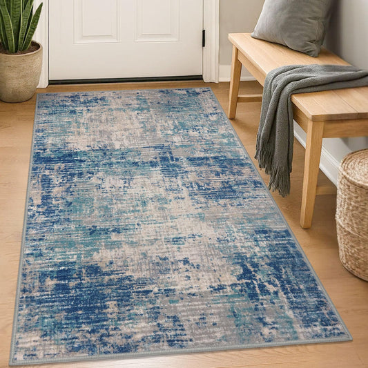 KILOCOCO Abstract Area Rug 3x5 Entryway Rug Washable Kitchen Rugs Non Slip Soft Printed Entrance Rugs Indoor Mat for Front Door Foyer Farmhouse Living Room Floor Carpet, Blue/Grey/Beige