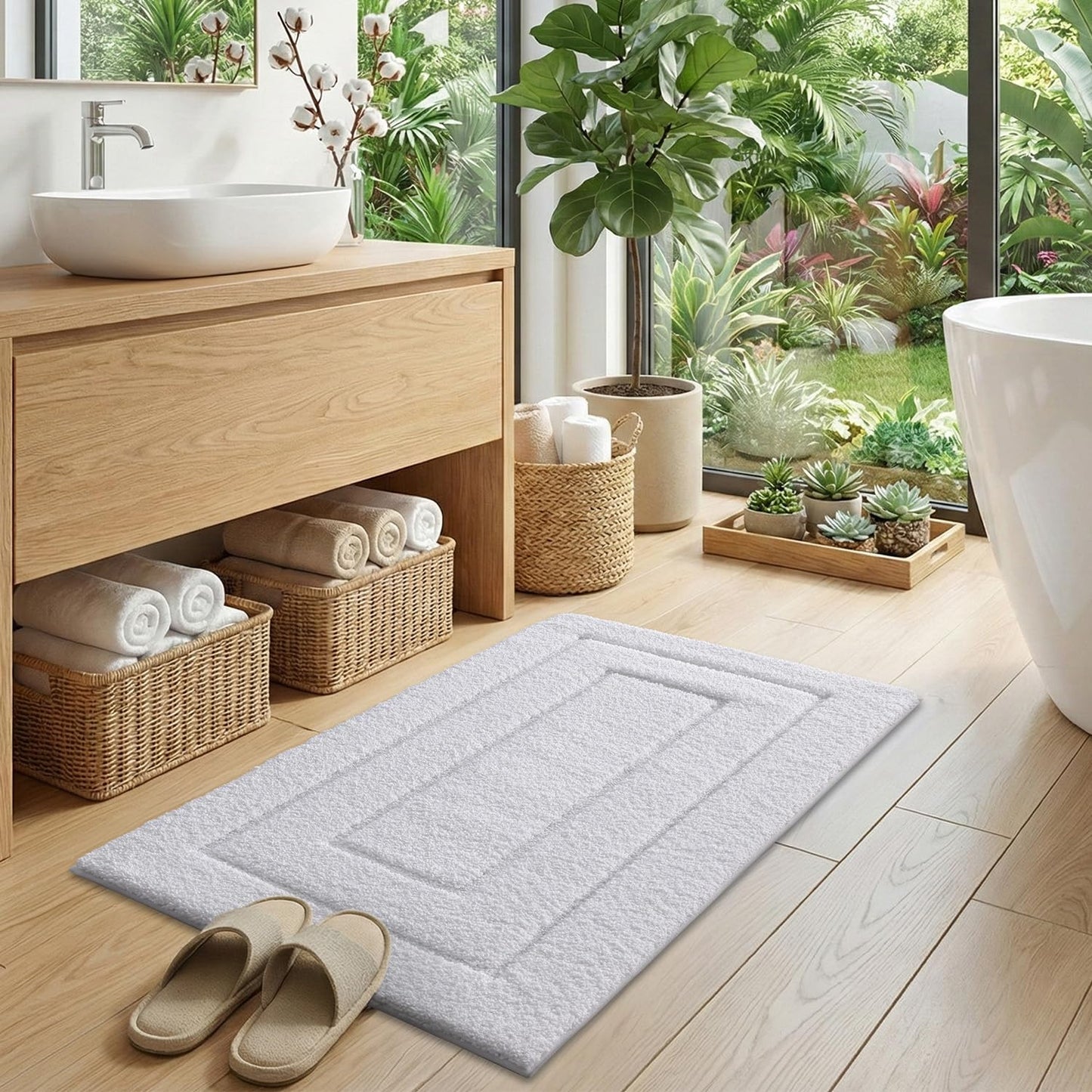 DEXI Bathroom Rug 36x24, Non Slip Washable Bath Mat for Shower Floor, Absorbent Soft Bathmat with Rubber Backing, Quick Dry Microfiber Carpet, White