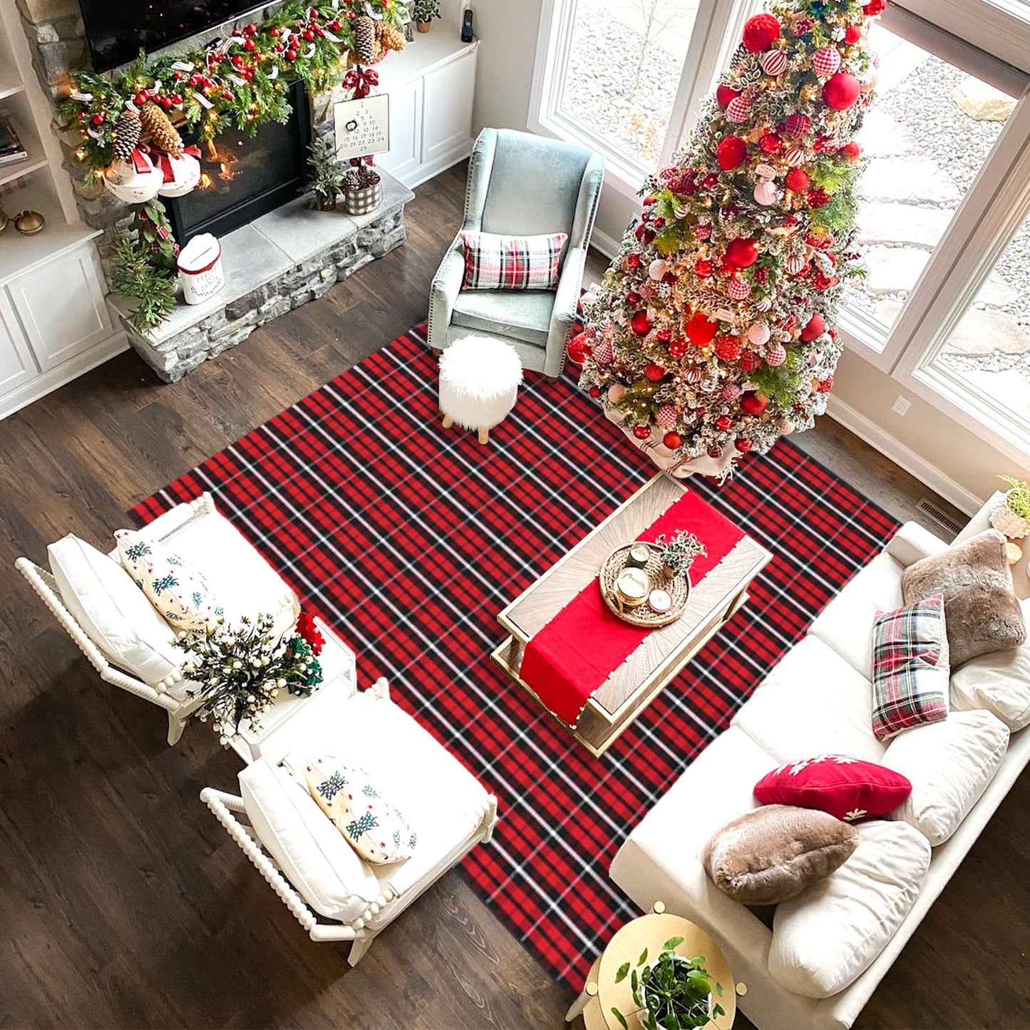 Christmas Rugs Red and Black Plaid, 8'x10' Area Rug Outdoor Indoor Front Porch Doormat Cotton Hand-Woven Layered Door Mats for Entryway Patio Entryway Laundry Bedroom Living Room