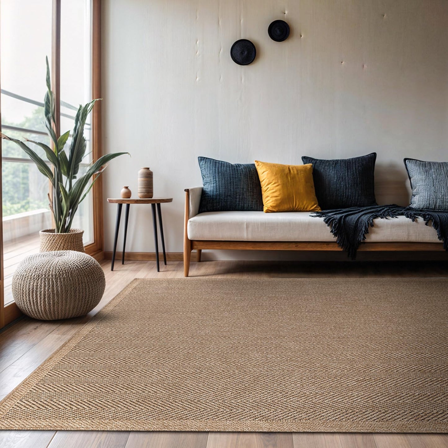 CAMILSON Easy Jute Rug 4x6, Indoor Outdoor Natural Color Fiber Area Rugs for Living Room Patio and Kitchen Rug Herringbone Seagrass Woven Design Easy - Cleaning Washable Outside Carpet Alfombras 4 x 6