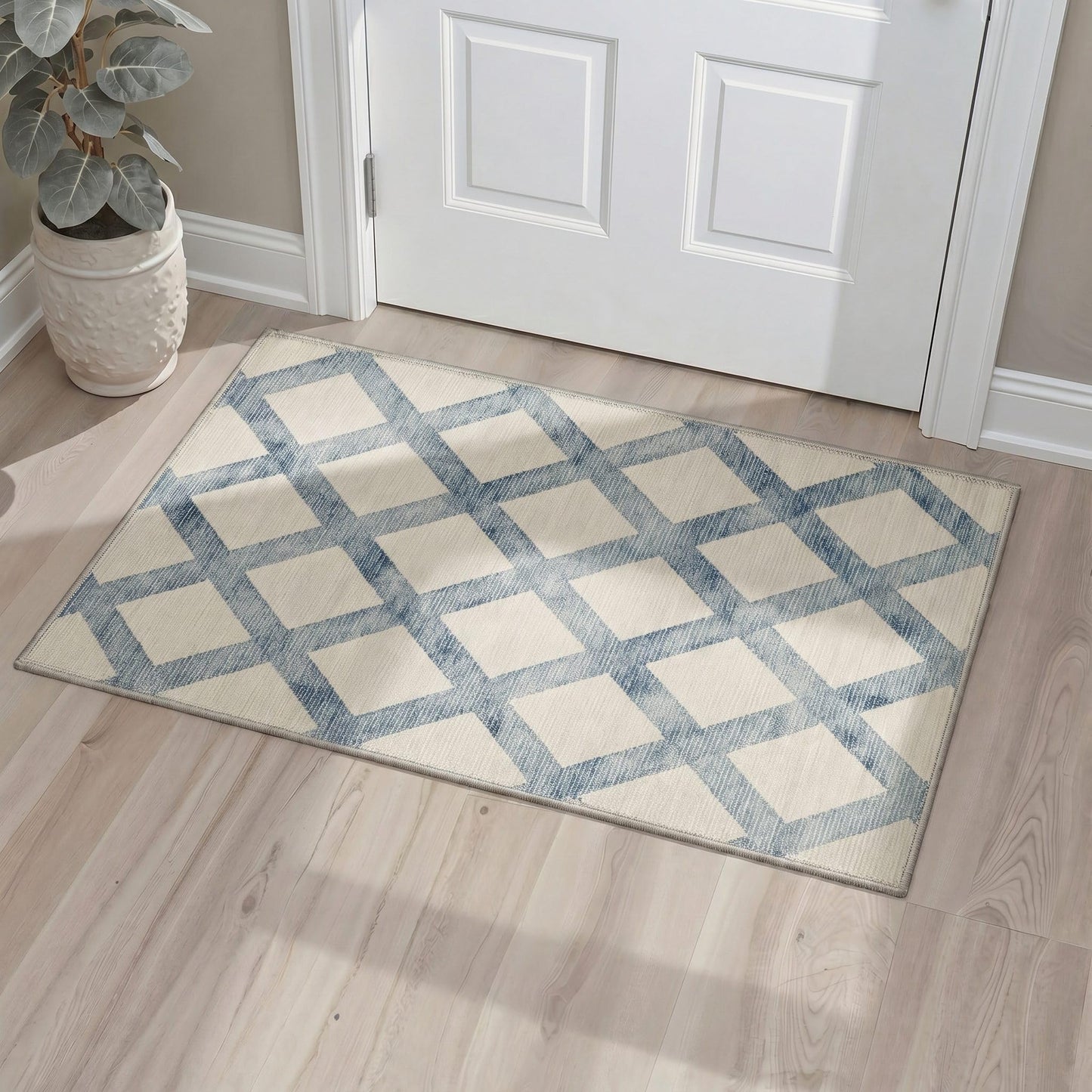Bavni 2x3 Rug Machine Washable Low Pile Non Slip Backing for Entryway Kitchen Bathroom Front Door, Small Indoor Door Mat with Diamond Lattice Print Pattern, Dusty Blue
