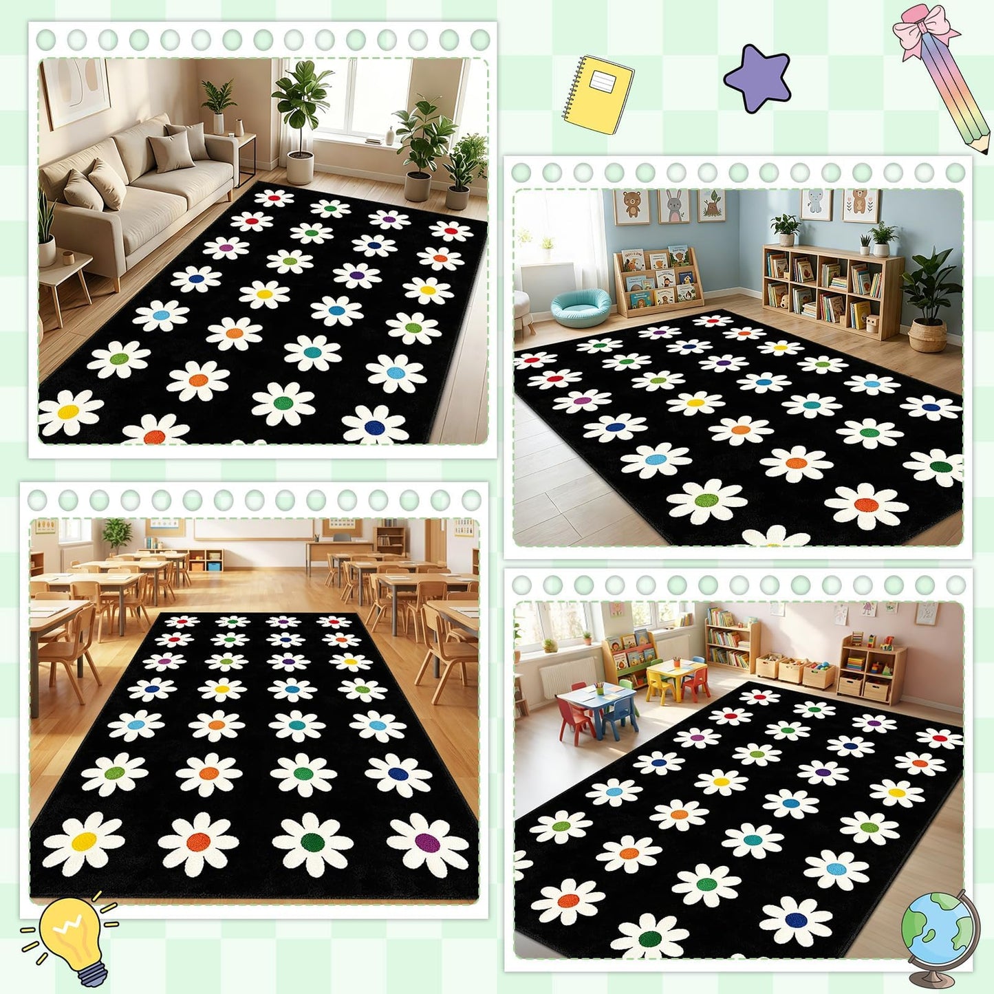7.6x12 ft Large Daisies on Black Classroom Rug Daisy Educational Area Mat Daisy Flowers Multicolor Play Carpet Educational Classroom Learning Mat for Preschool Playroom Elementary Kindergarten(Black)