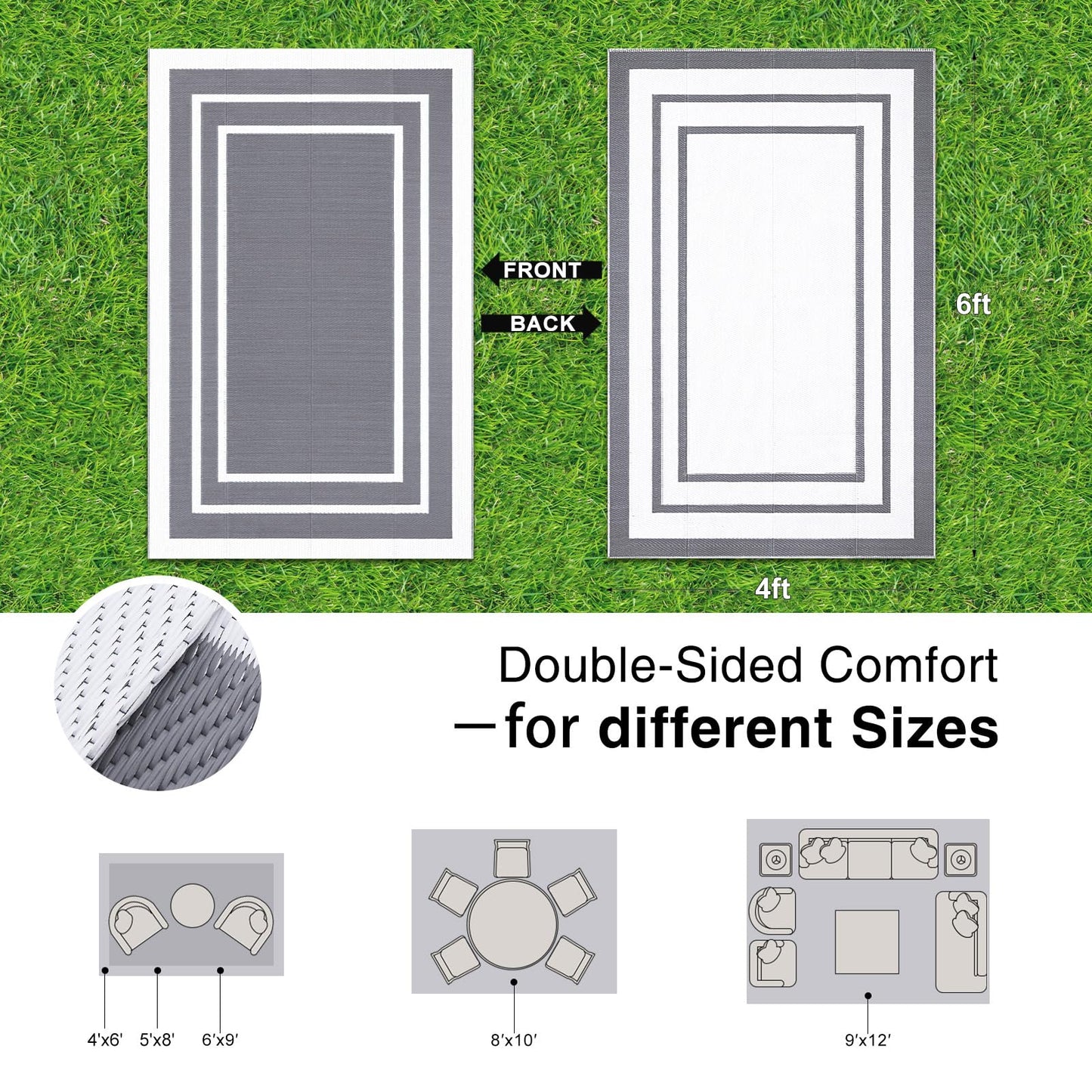 OLANLY Outdoor Rug 4x6 ft Waterproof, Reversible Outdoor Plastic Straw Rug, RV Mat, Indoor Outdoor Carpet Clearance for Patio, Camping, Balcony, Deck, Backyard, Grey & White