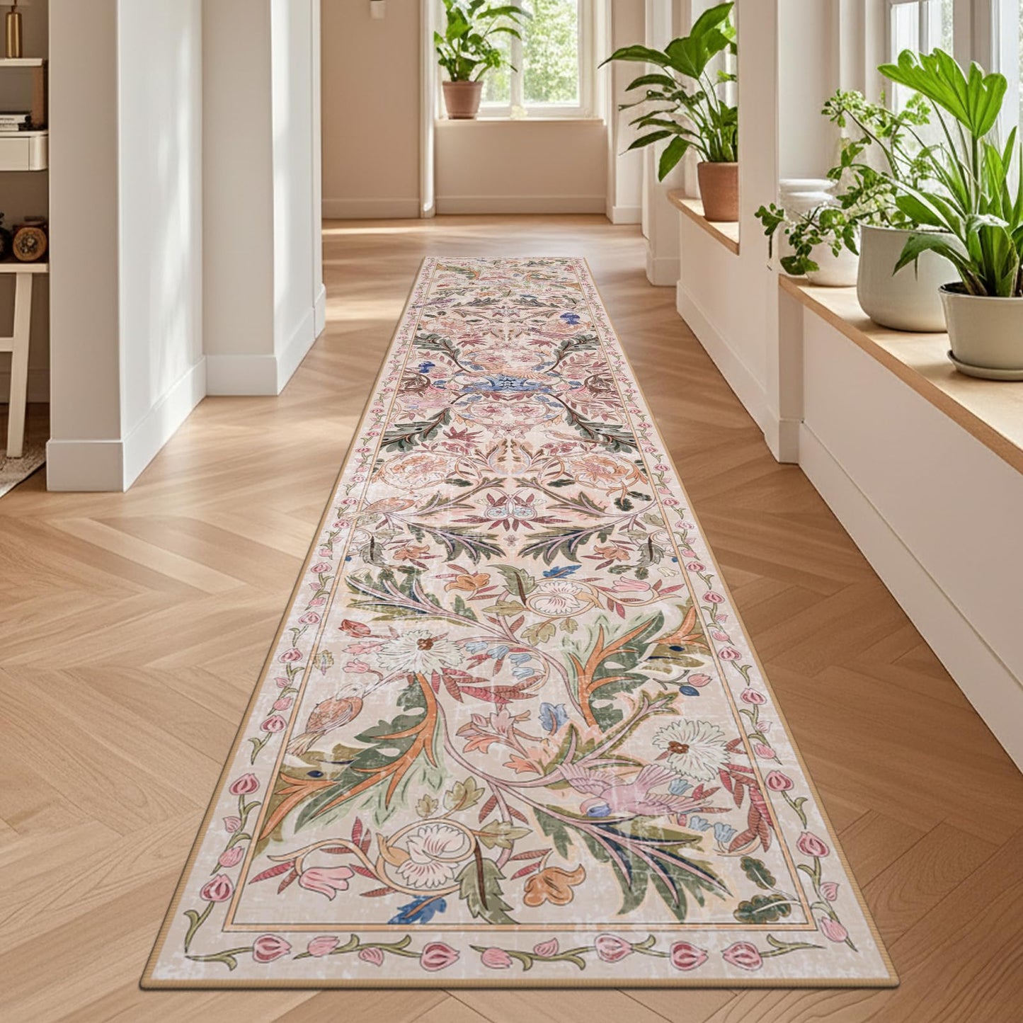 nesrt Jungle Runner Rug for Hallway 2x10Ft, Non Slip Washable Long Bird Kitchen Runner Rugs, Soft Boho Floral Forest Floor Jungle Carpets for Hall Entryway Laundry Bedroom Farmhouse Decor (Pink)