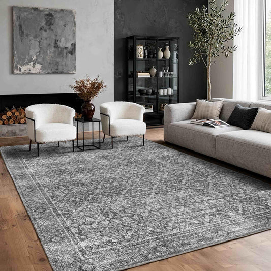 Latte&Fog 5x7 Area Rugs for Living Room Bedroom, Vintage Grey Washable Rug, Boho Floral Non Slip Low Pile Carpet for Indoor Dining Room, Farmhouse, Office and Dorm(Grey 5'x7')